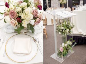 wedding table setting and speaker podium by Sage Designs in North Stormont ON