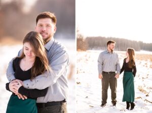 Couple during sunset in cornfield during winter engagement photos near Lyndhurst, ON