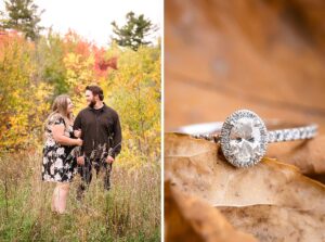 couple standing in field an diamond ring - Ottawa, Brockville, and Kingston Wedding Photographer