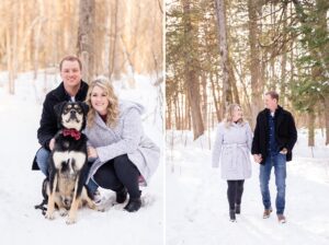 engagement photos with a dog in the winter