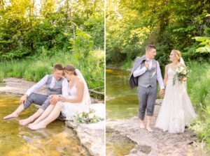 bride and groom wedding photos at a farm river near Ottawa, ON