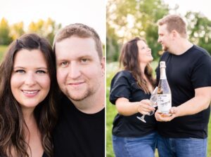couple holding champaign bottle in their engagement photos