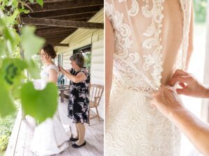 Bride's mother helping her into her wedding dress for farm wedding in Alexandria, ON