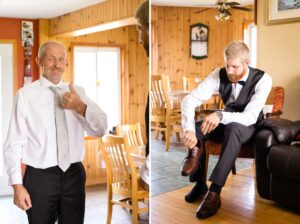 Groom and his father getting ready for wedding at their family farm