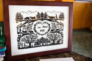 Family Swiss heirloom paper cutout art for bride and groom