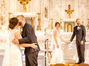 bride and groom first kiss during wedding at St. Finnan Basilica in Alexandria, ON