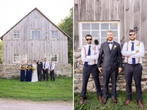 wedding party portraits in front of old barn - farm wedding in Alexandria, ON