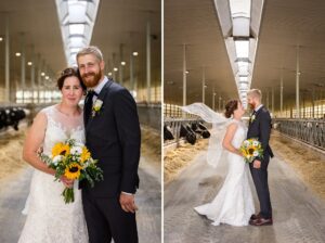 Bride and groom portraits in dairy barn - farm wedding in Alexandria, ON