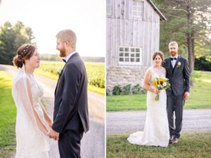 Bride and groom portrait in front of old barn - farm wedding in Alexandria, ON