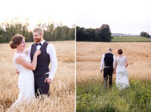 golden hour portraits in wheat field during farm wedding in Alexandria, ON