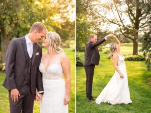 golden hour pictures with bride and groom at romantic farm wedding in Winchester, ON