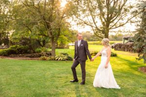 golden hour pictures with bride and groom at romantic farm wedding in Winchester, ON