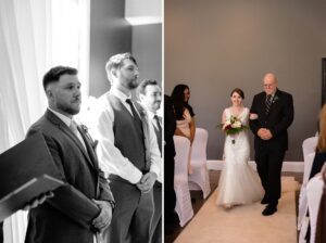 Bride walks down the aisle during ceremony at NeXT Restaurant