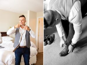 groom getting ready at Strathmere in "the corner" rooms