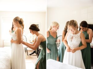 bridesmaids helping bride get dressed at Strathmere wedding in "the corner" rooms