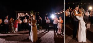 bride and groom first dance outside with market lights