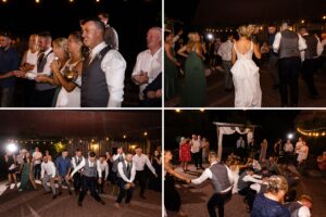 dancing outside with market lights during wedding at strathmere