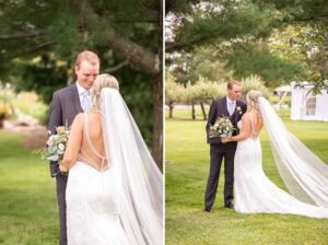 Bride and Groom First Look during romantic farm wedding in Winchester, ON