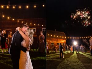 Bride and groom first dance outside under market lights with sprinklers