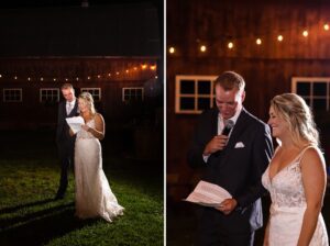 Bride and groom give their speech under market lights with sprinklers