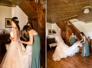 bride getting into wedding dress at old farmhouse