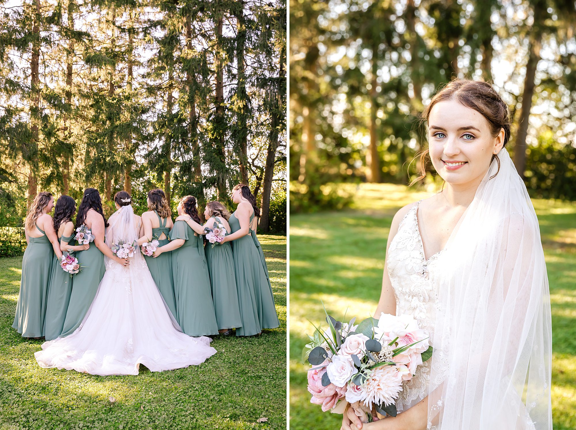 wedding party portraits with pine trees