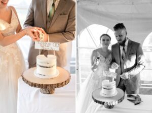 bride and groom cut the cake at lord of the rings themed wedding