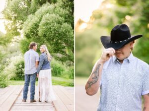casual engagement portraits in the summer with cowboy hat and jean jacket
