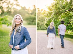 casual engagement portraits in the summer with cowboy hat and jean jacket