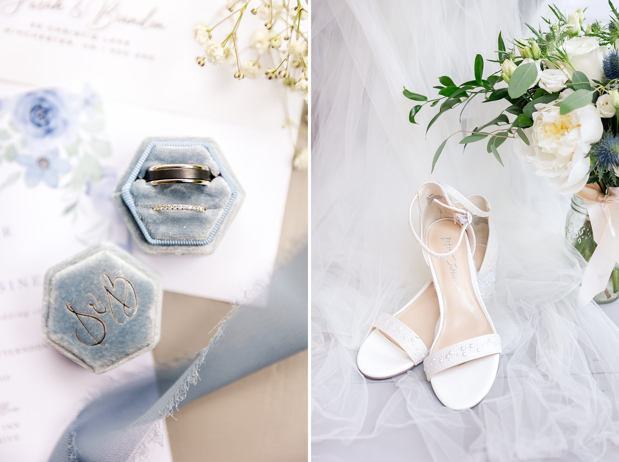 blue wedding details - rings and shoes