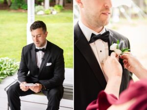 Groom reads letter from bride and has boutonnière pinned on before outdoor summer wedding in Cornwall, ON