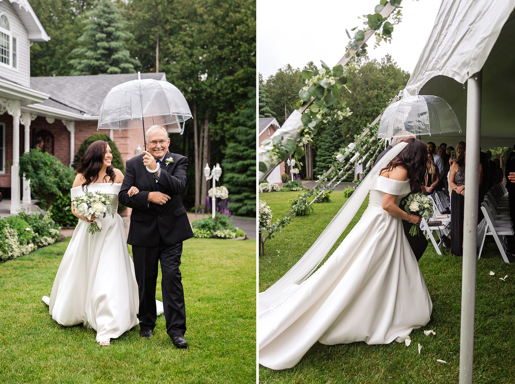 Bride and father walk down aisle during Outdoor Summer Wedding in Cornwall, ON