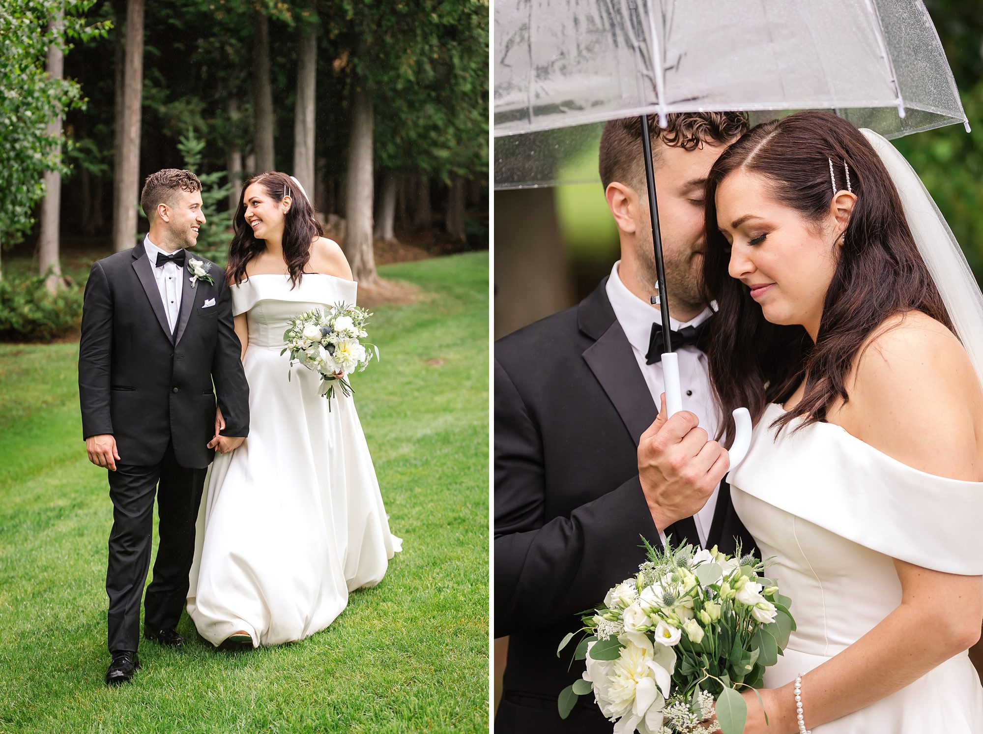 Bride and groom portraits on rainy wedding day in Cornwall, ON