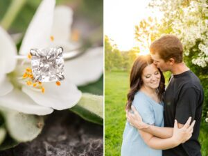 engagement ring and couple embracing