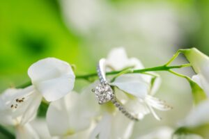 engagement ring on a flower branch