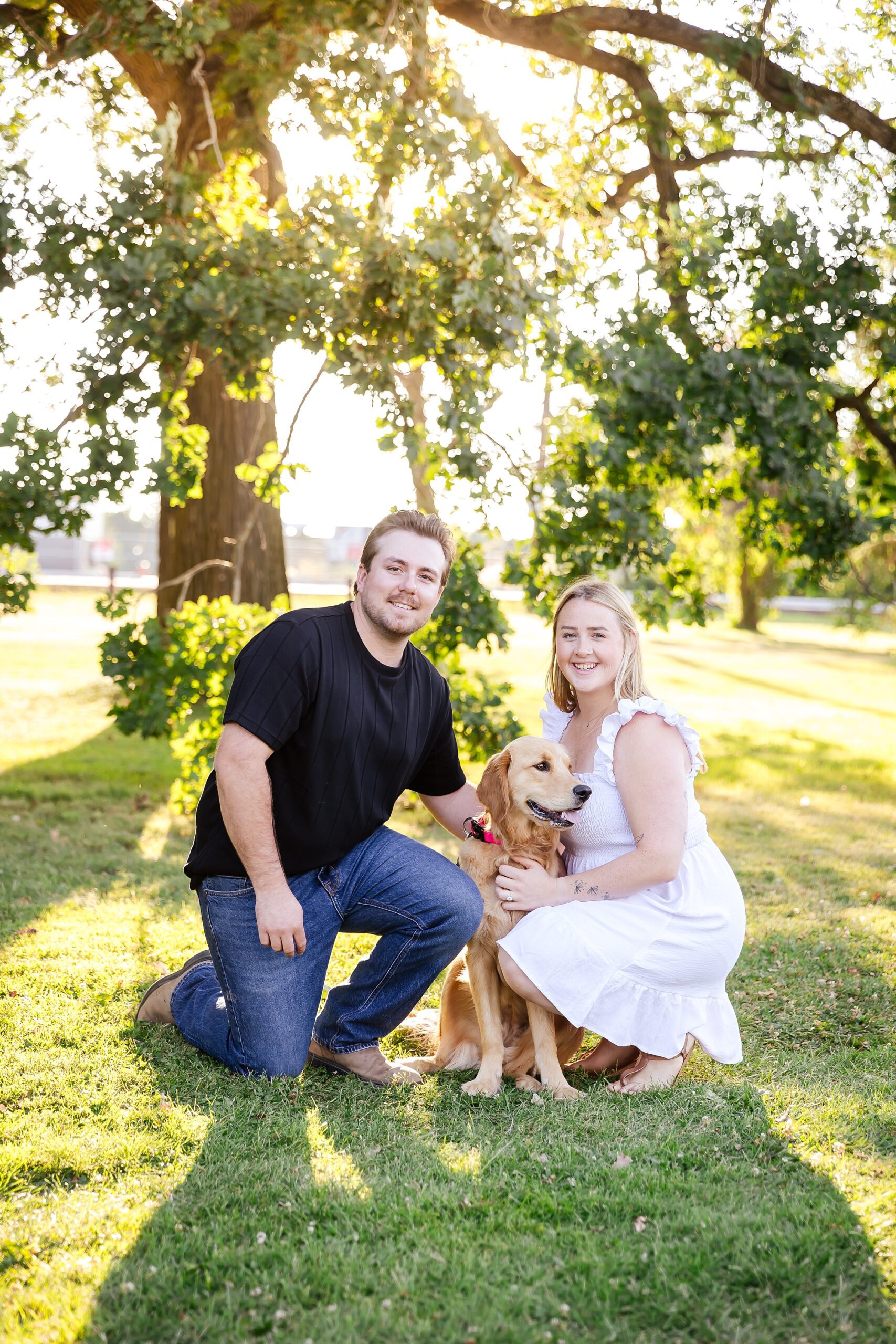 portrait of a couple with their golden retriever in Ottawa