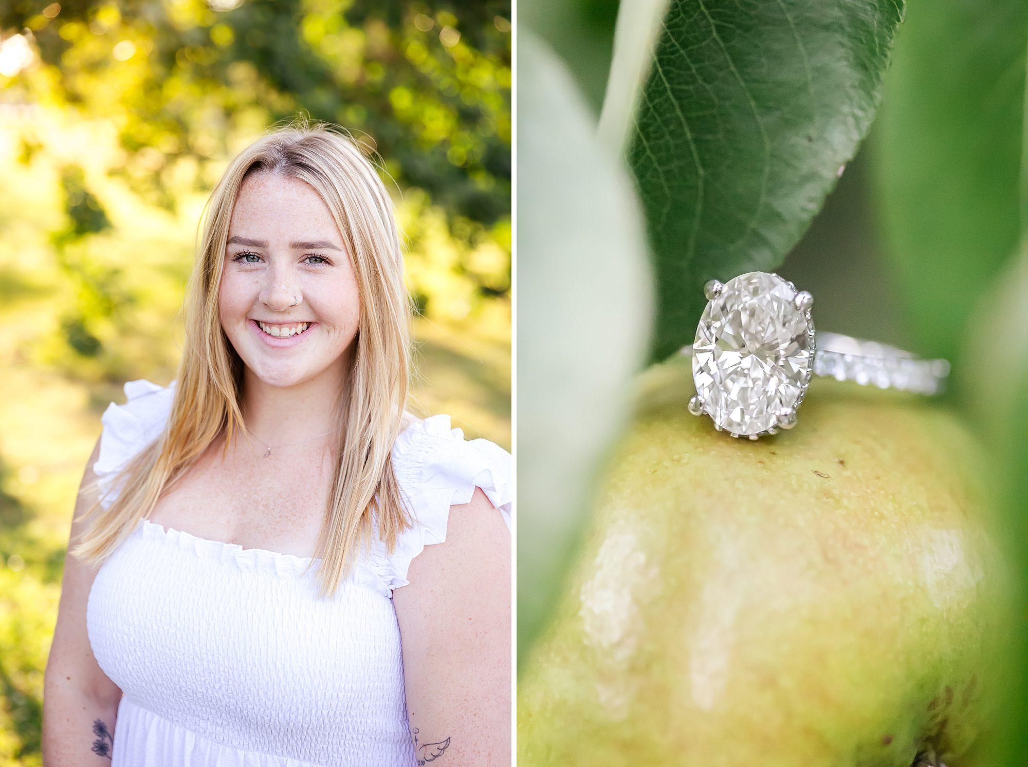 outdoor portrait of bride to be next to picture of an engagement ring on a apple
