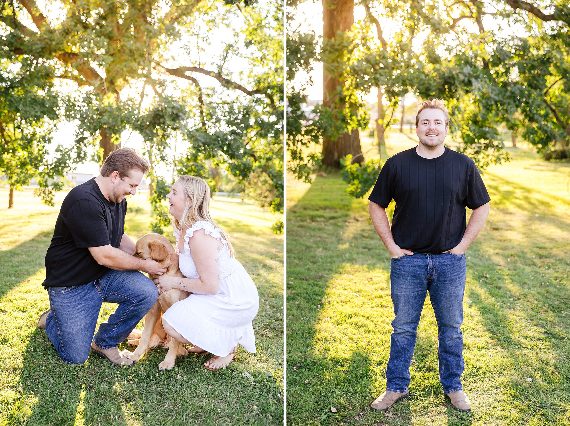 outdoor portrait of groom to be next to picture of an the couple with their dog