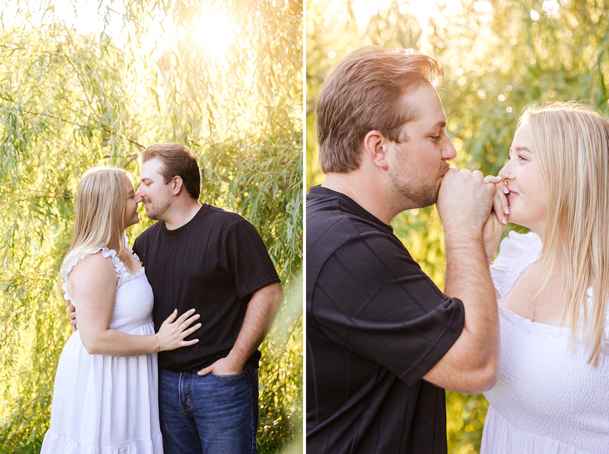 engaged couple in front of willow tree in Ottawa, ON