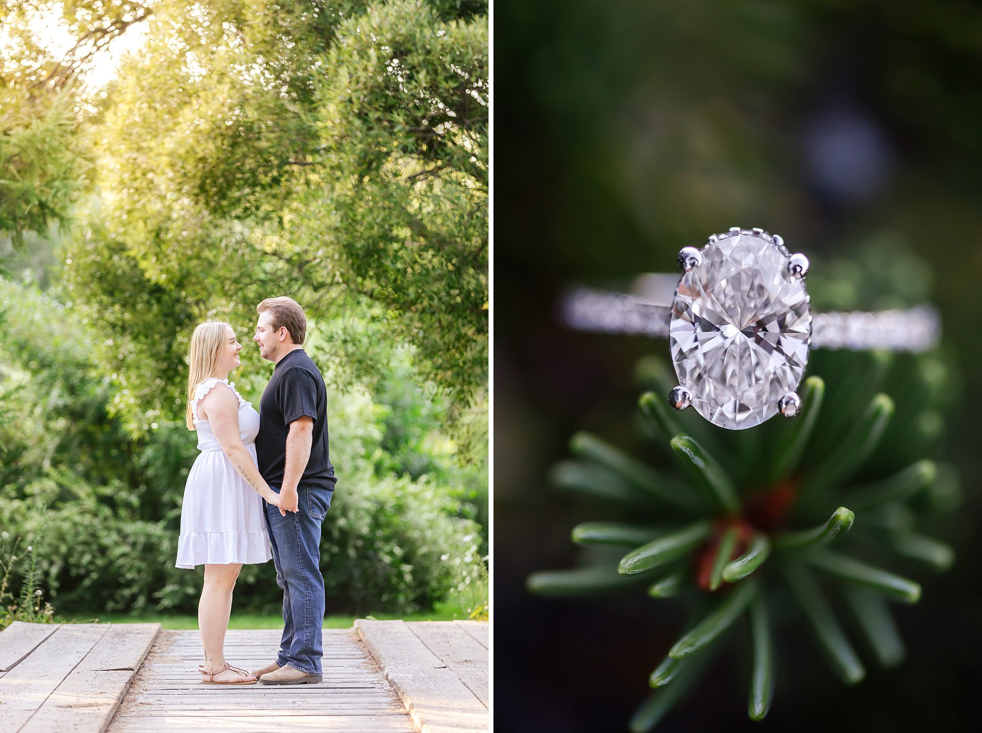 couple posing on bridge at the Ottawa Arboretum next to a macro ring shot on a pine branch